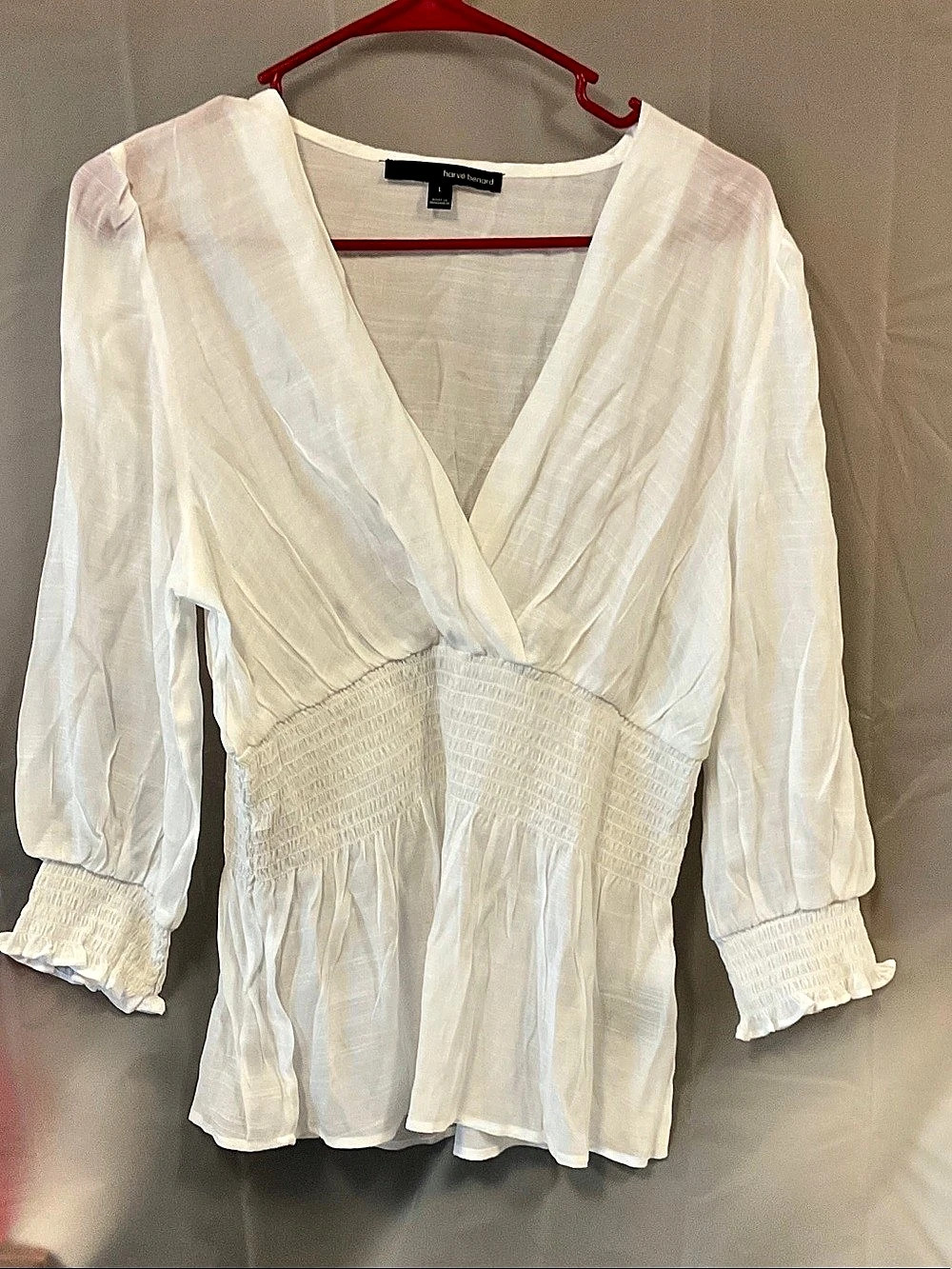harvé benard White Smocked Waist Blouse Size Large Like New